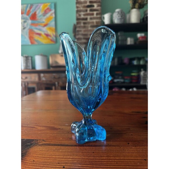 Vintage MCM Aqua Blue Swung Pedestal Vase 7.5 Inches In The Style Of Viking - Picture 7 of 9